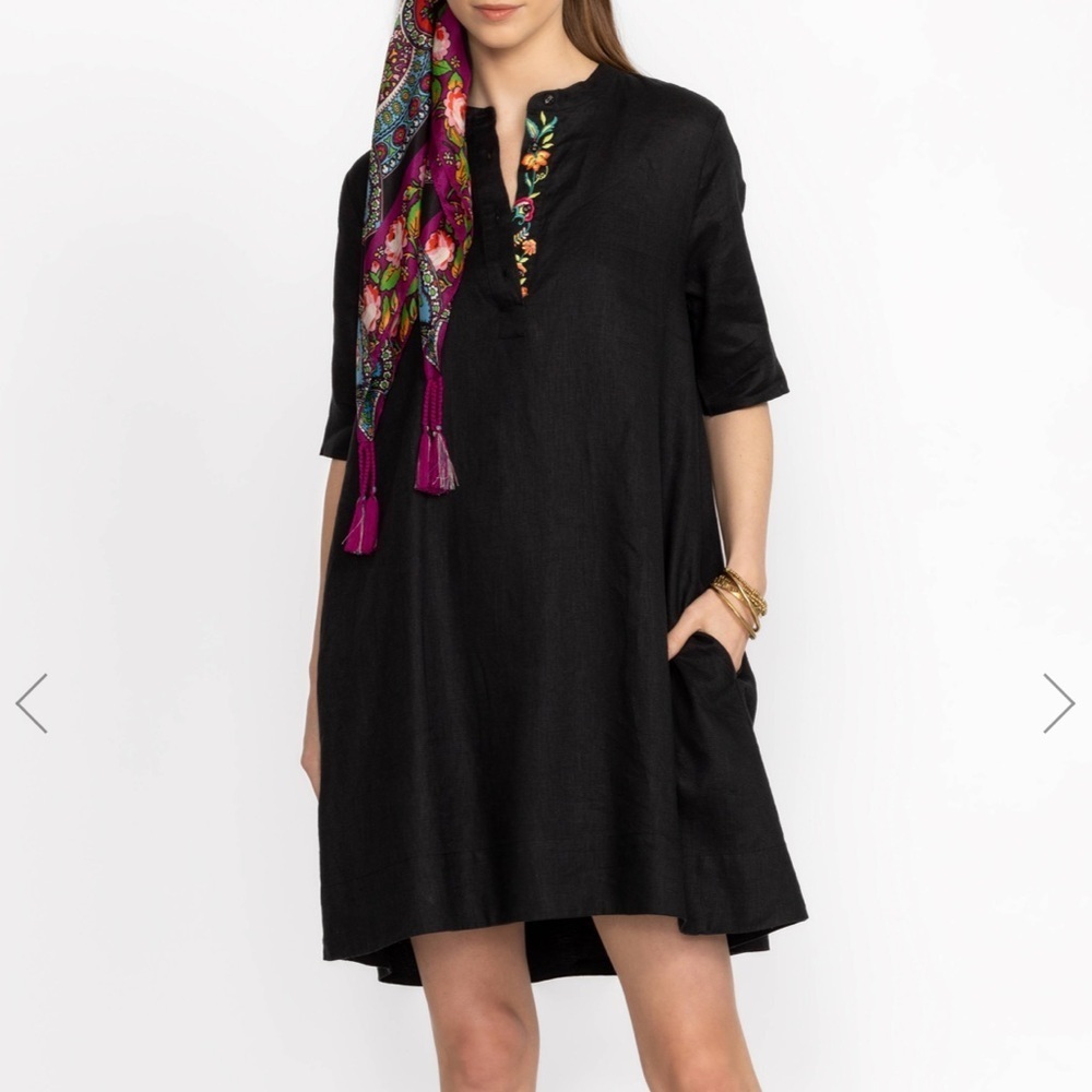 Johnny Was Calme Linen Polo Mandarin Collar Liya Boho Floral Embroidered Dress